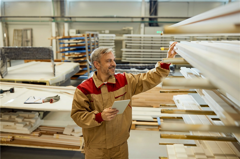 Employé d’un fournisseur de finition intérieure inspectant des moulures et composantes de finition dans un entrepôt spécialisé au Québec.